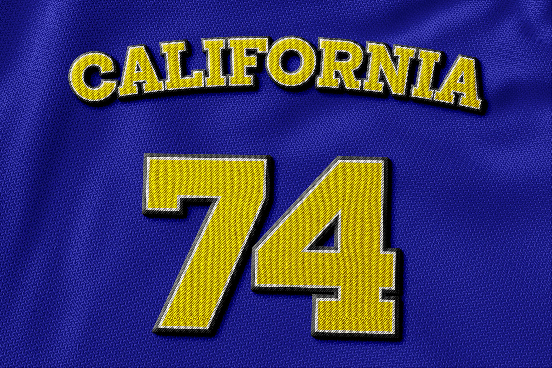 Retro gold text effect showing California 74 on textured blue background