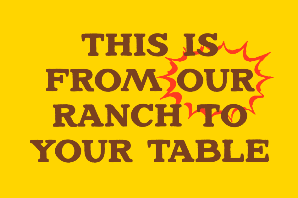 Bold retro western text with red burst graphics on bright yellow background