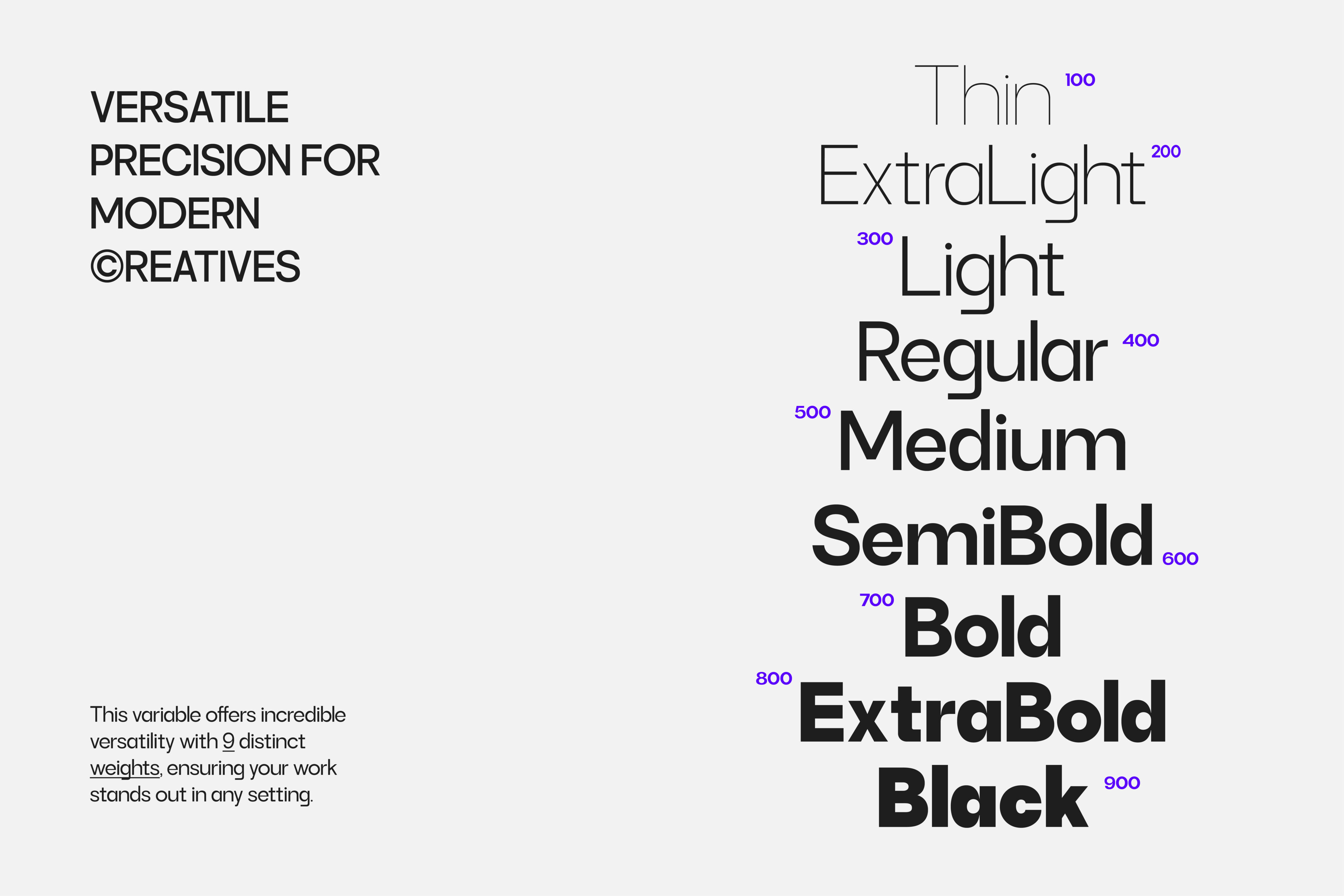 Font family specimen showing nine weights from Thin to Black with numbers