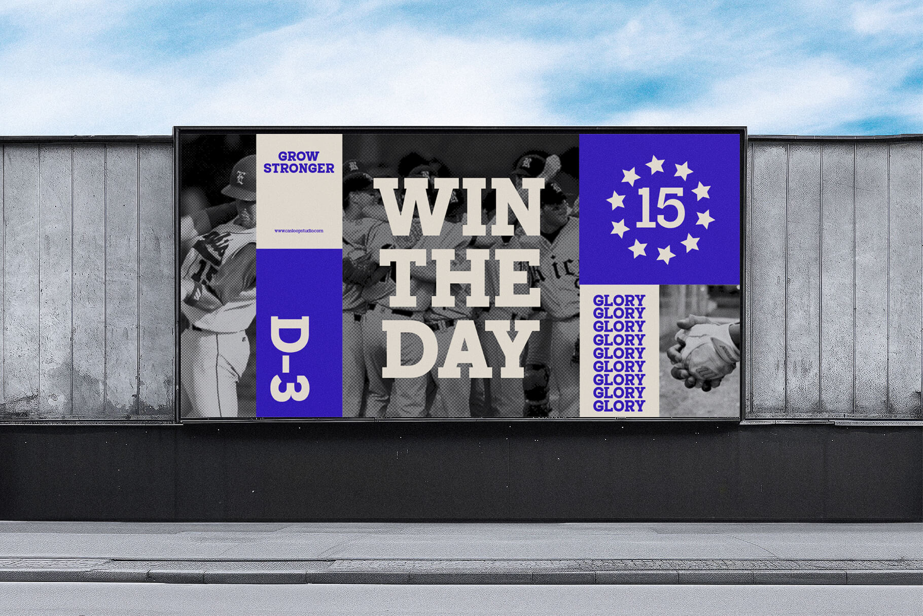 Outdoor billboard mockup showing sports campaign with bold typography, black photos, purple panels with stars