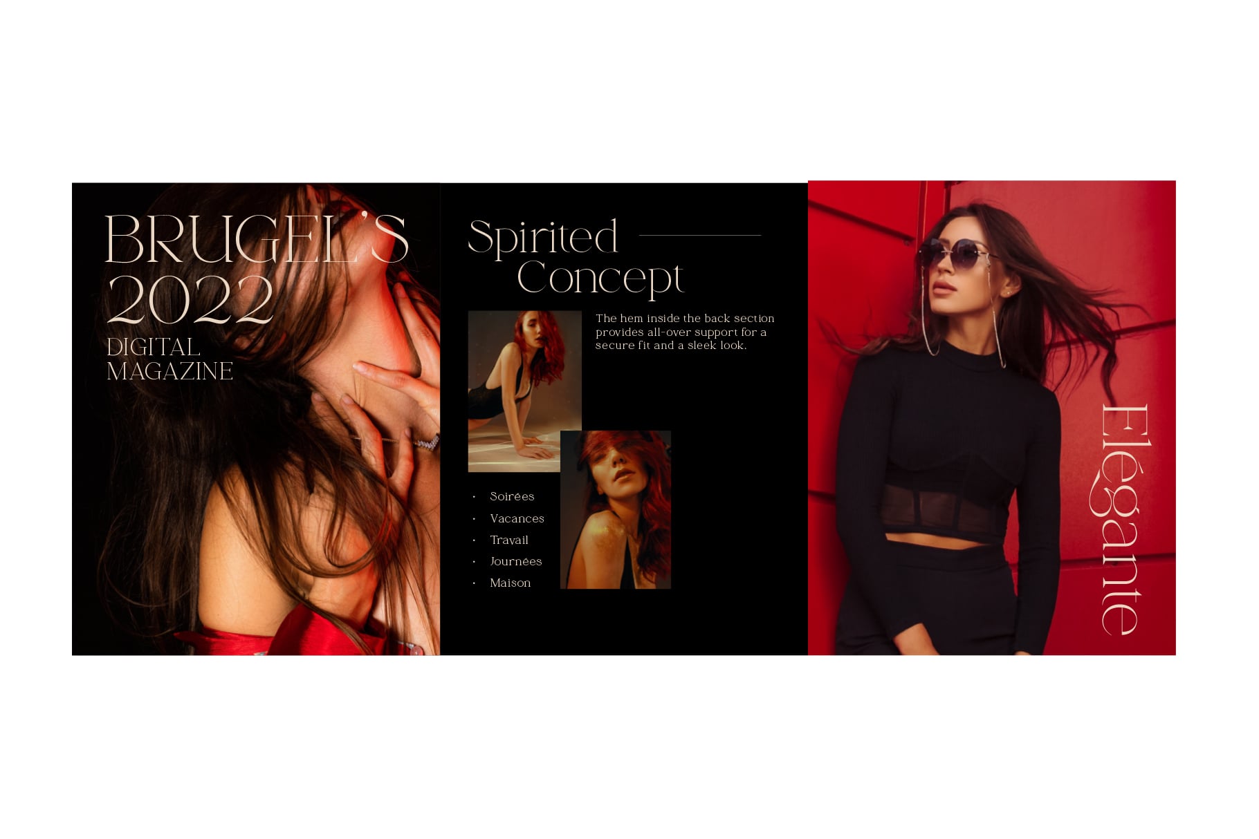 Brugel's 2022 digital magazine spread with red gradient, model photography, layout design