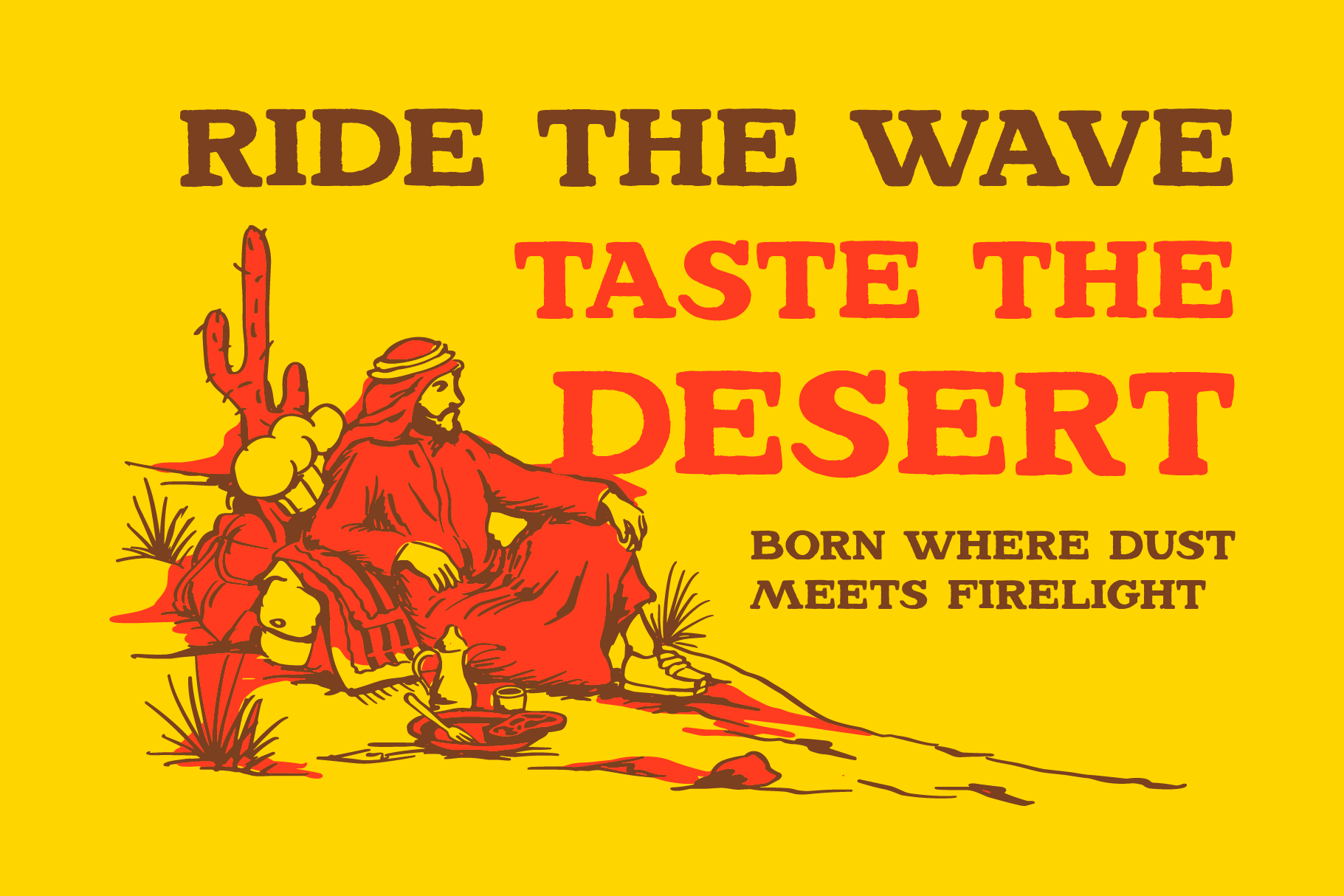 Vintage desert poster with cowboy illustration on bright yellow background