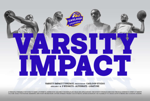Varsity Impact typeface with basketball players, bold blue letters, 9 weights