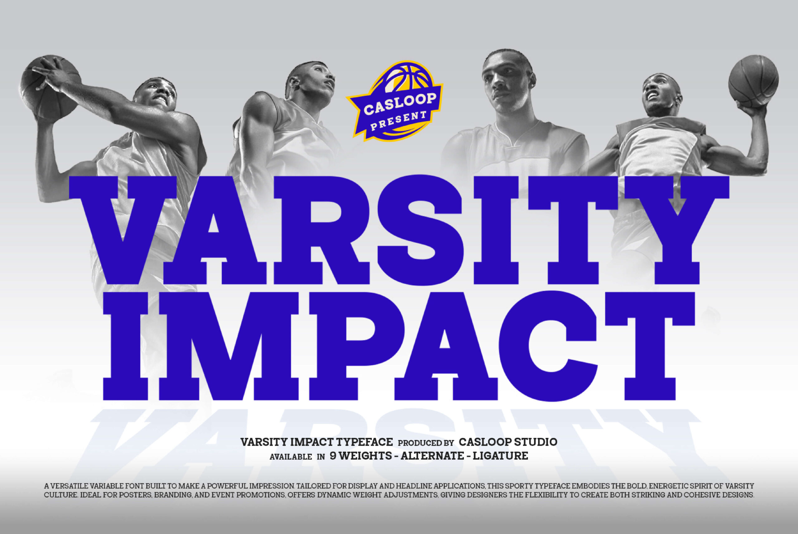 Varsity Impact typeface with basketball players, bold blue letters, 9 weights