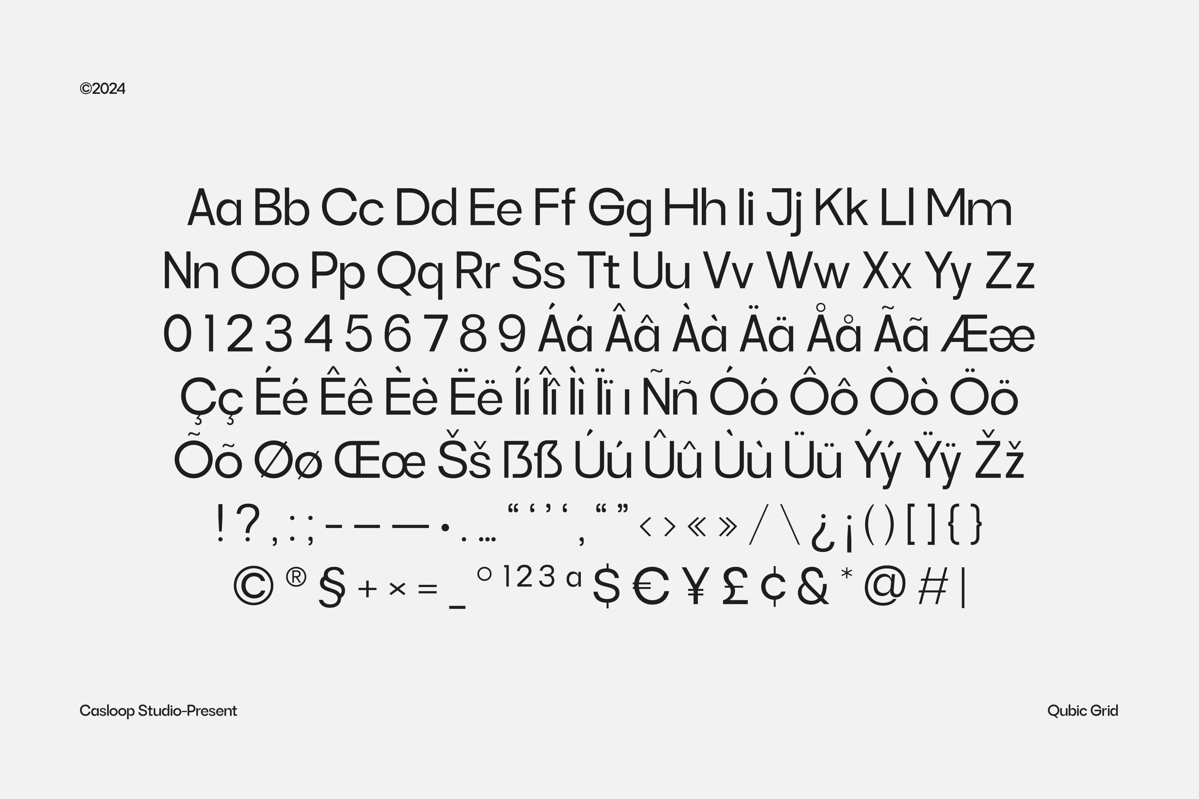 Qubic Grid typeface showing full alphabet, numbers, diacritics on light background