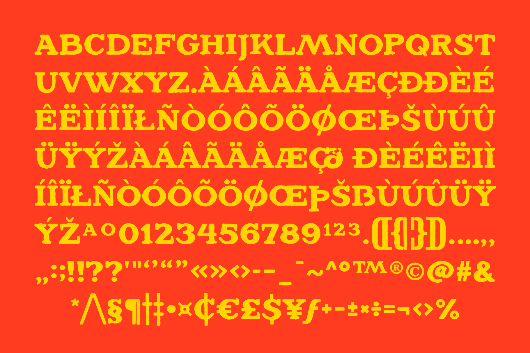 Bold yellow serif font with extended character set on vibrant red background