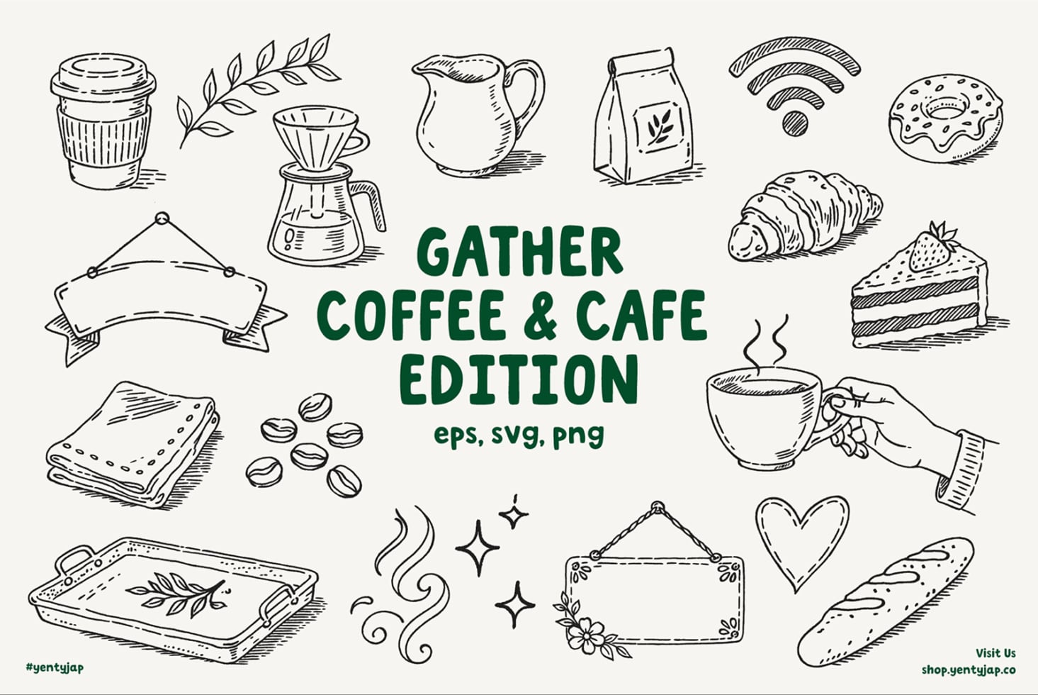 Sketch-style coffee gear, pastries, donuts, hands, leaves in vector collection