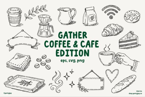 Sketch-style coffee gear, pastries, donuts, hands, leaves in vector collection