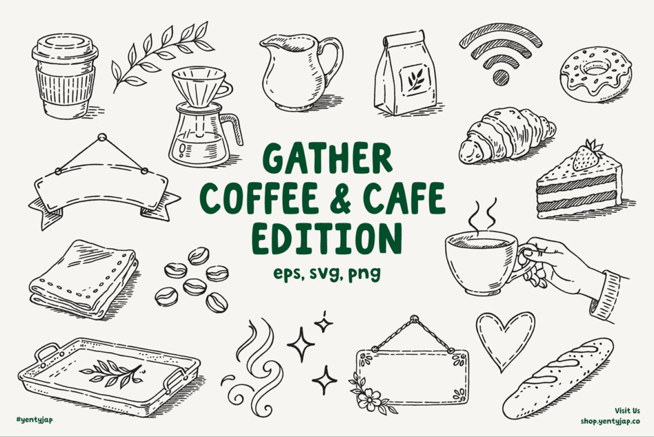 Sketch-style coffee gear, pastries, donuts, hands, leaves in vector collection