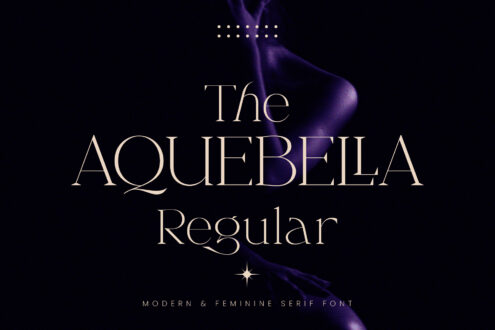 Aquabella serif font display with purple ethereal design elements