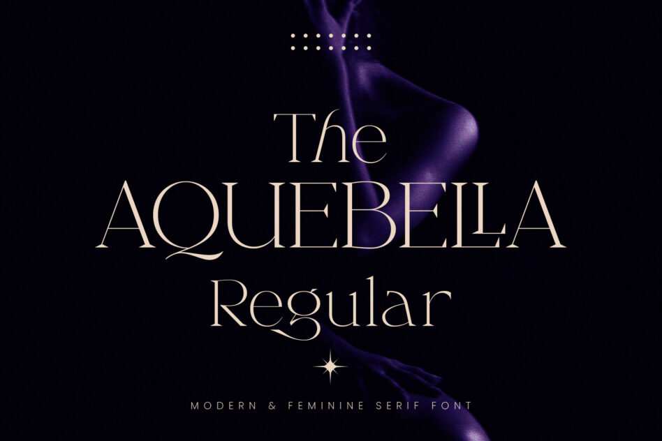 Aquabella serif font display with purple ethereal design elements