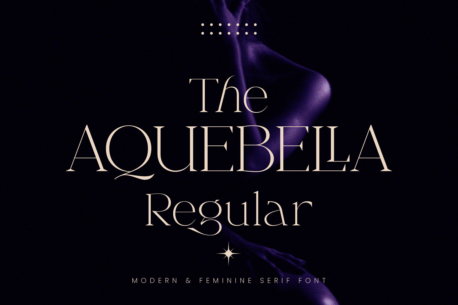 Aquabella serif font display with purple ethereal design elements
