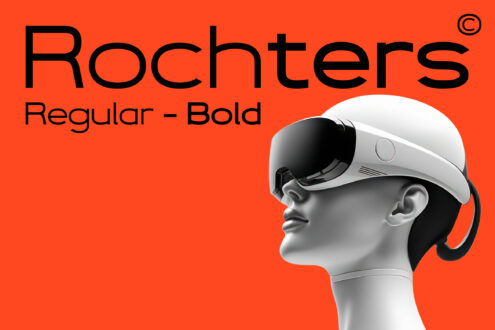 Rochters Regular Bold font with VR headset mannequin on vibrant orange