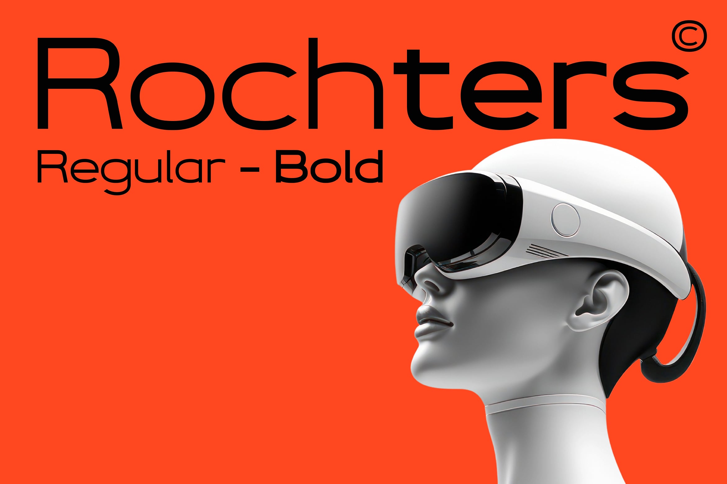 Rochters Regular Bold font with VR headset mannequin on vibrant orange