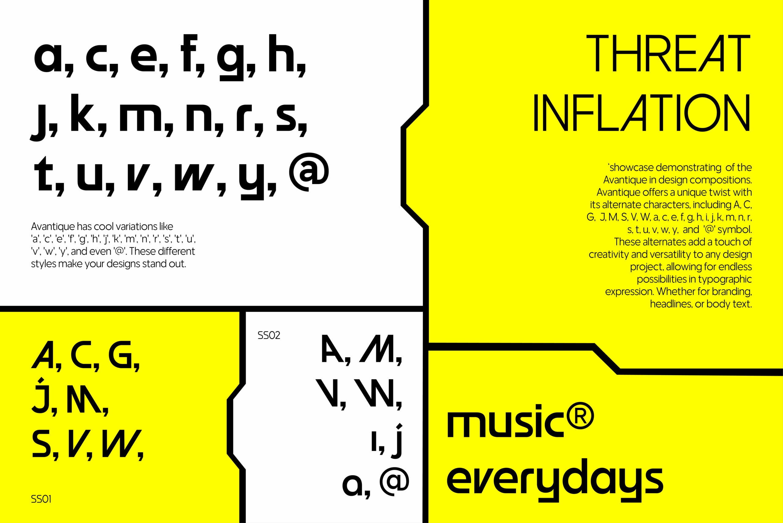 Avantique font showcasing alternate characters with neon yellow layout