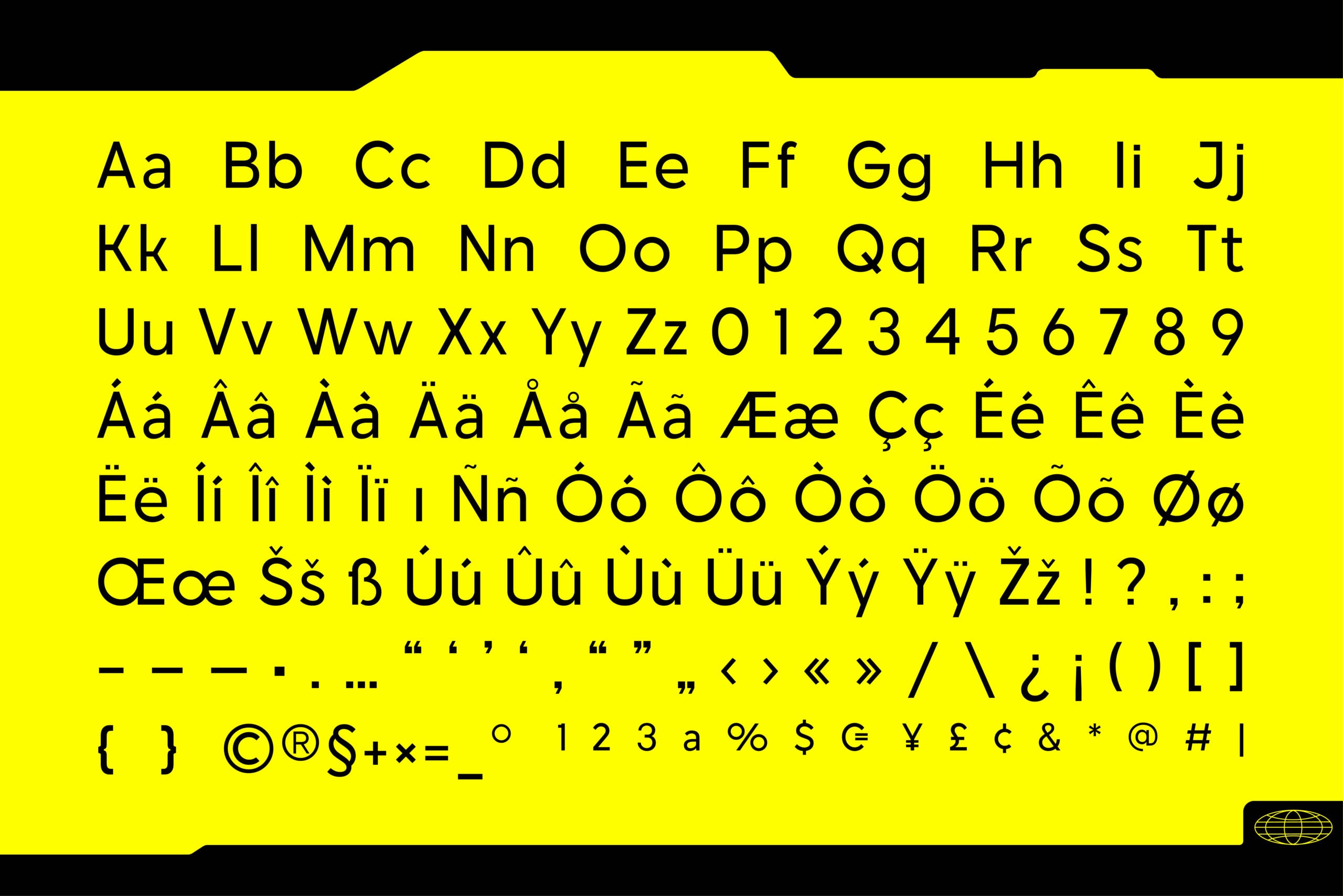 Bright yellow font specimen sheet showing full character set with accents, numbers, symbols, currency