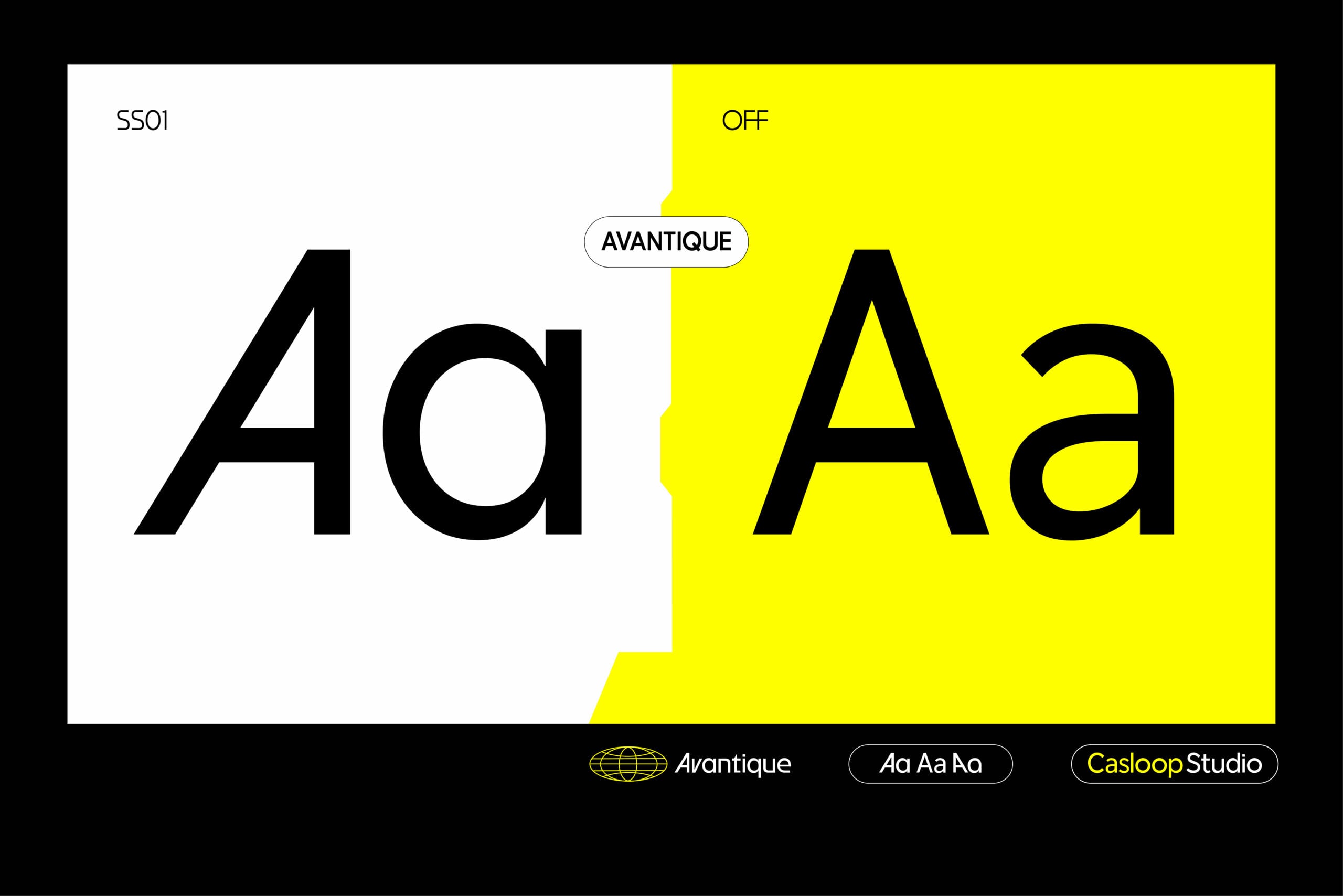 Split screen showing Avantique font in regular weight on white side, bold weight on neon yellow side