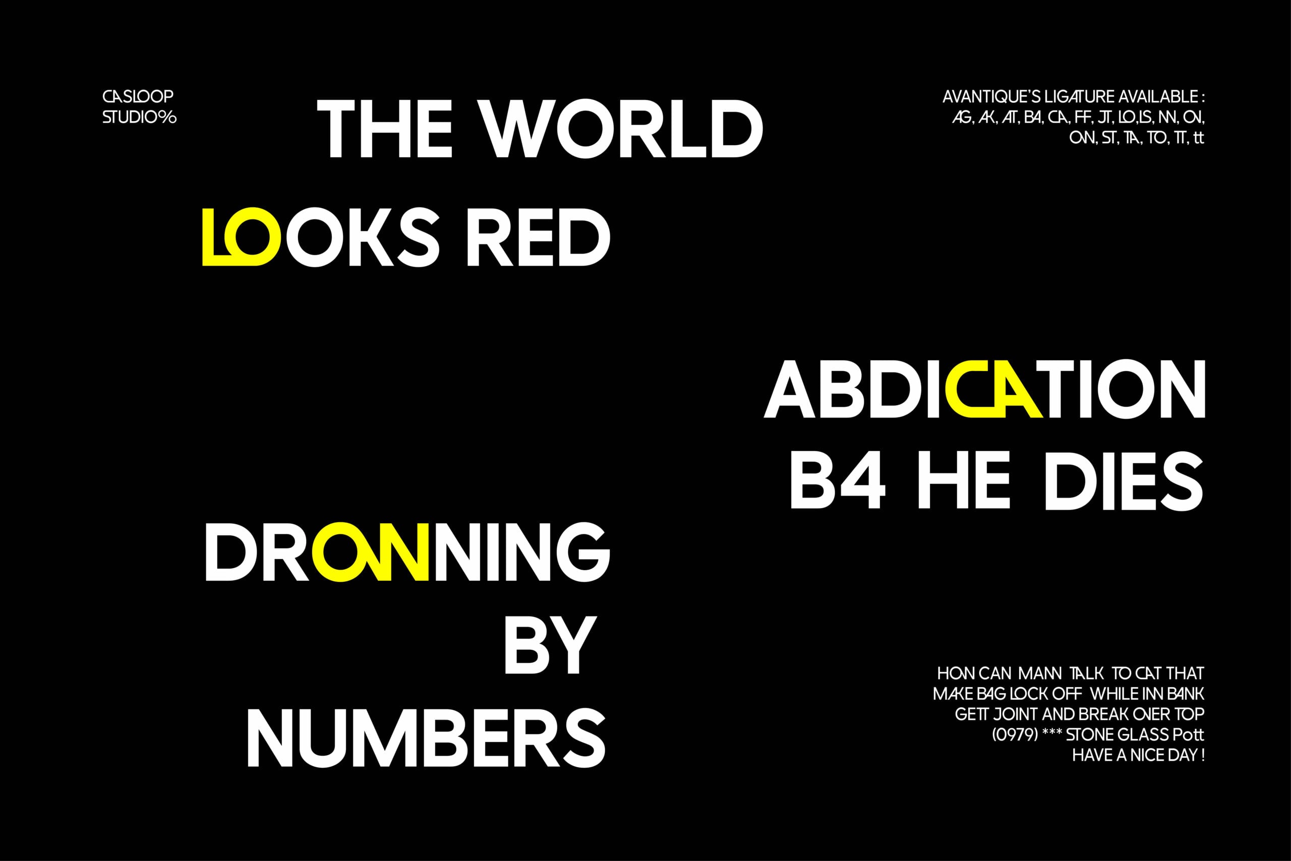 Bold typographic poster with white, yellow text on black background saying "the world looks red"