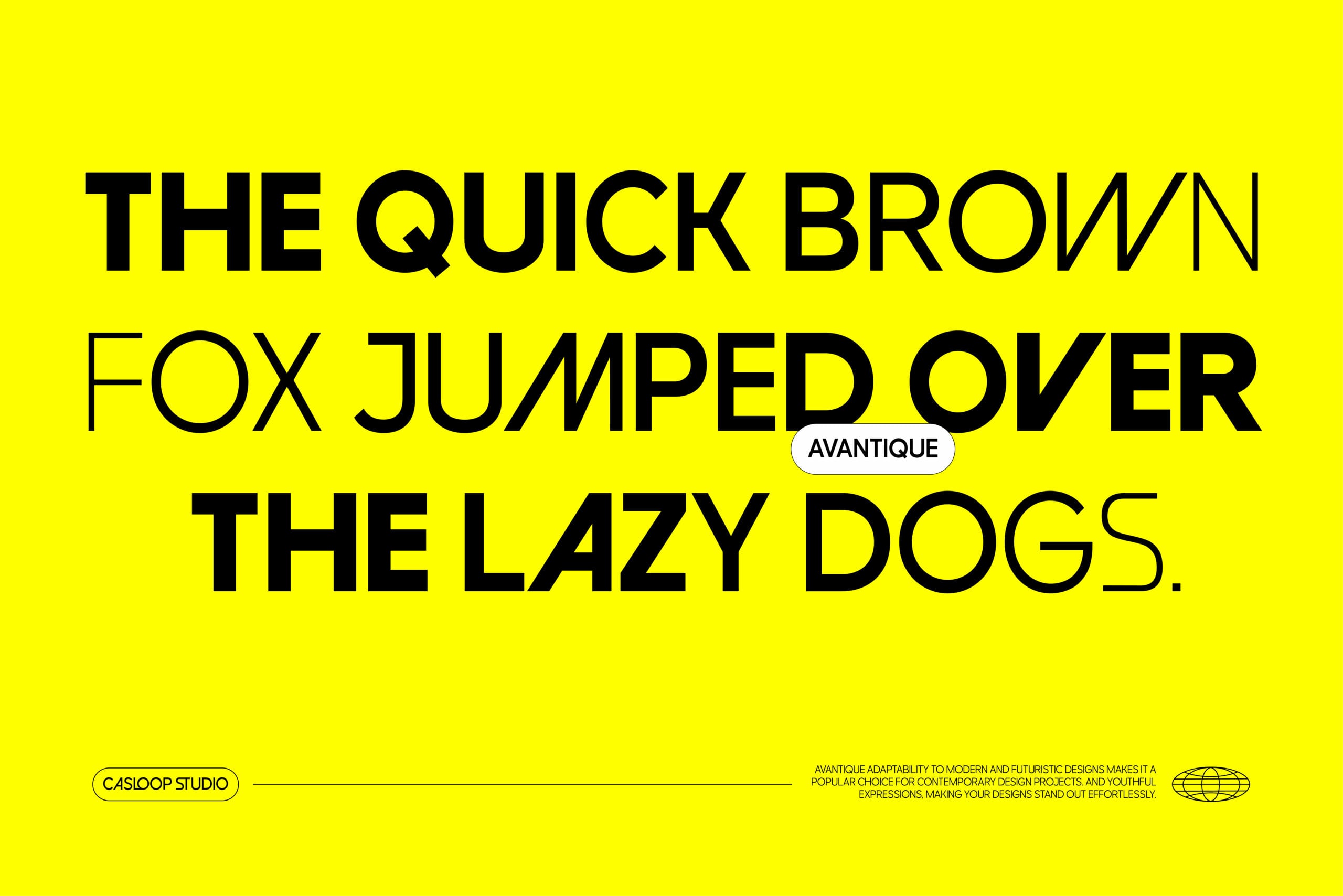 Bright yellow background with bold black Avantique typeface displaying classic pangram text