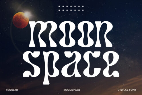Krook Space display font with wavy letterforms over starry space background with red planet