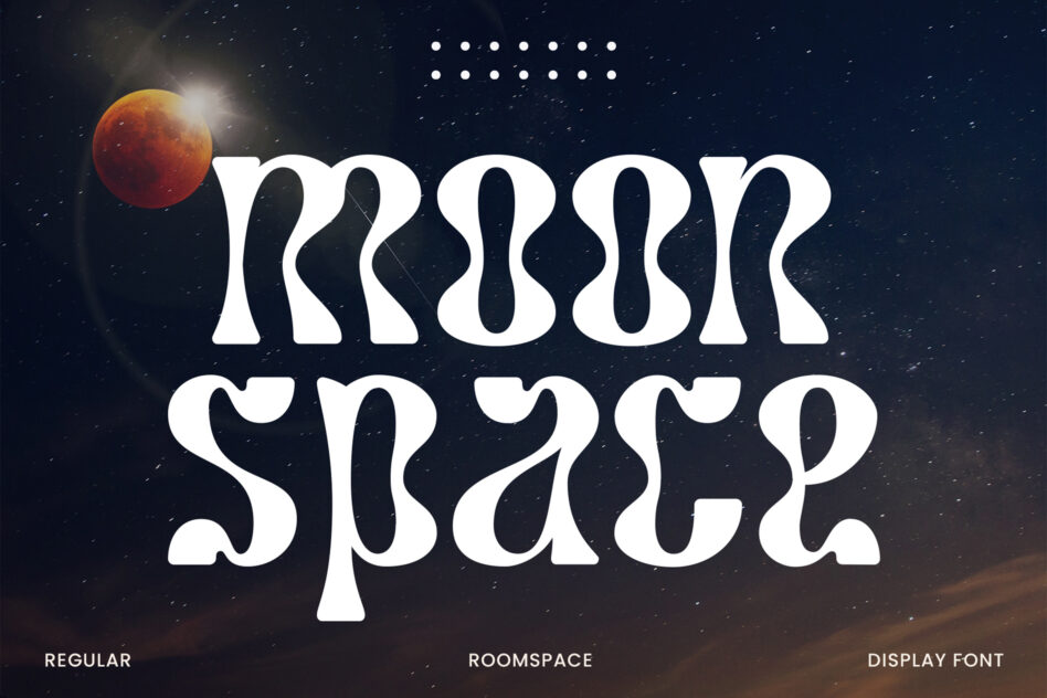 Krook Space display font with wavy letterforms over starry space background with red planet