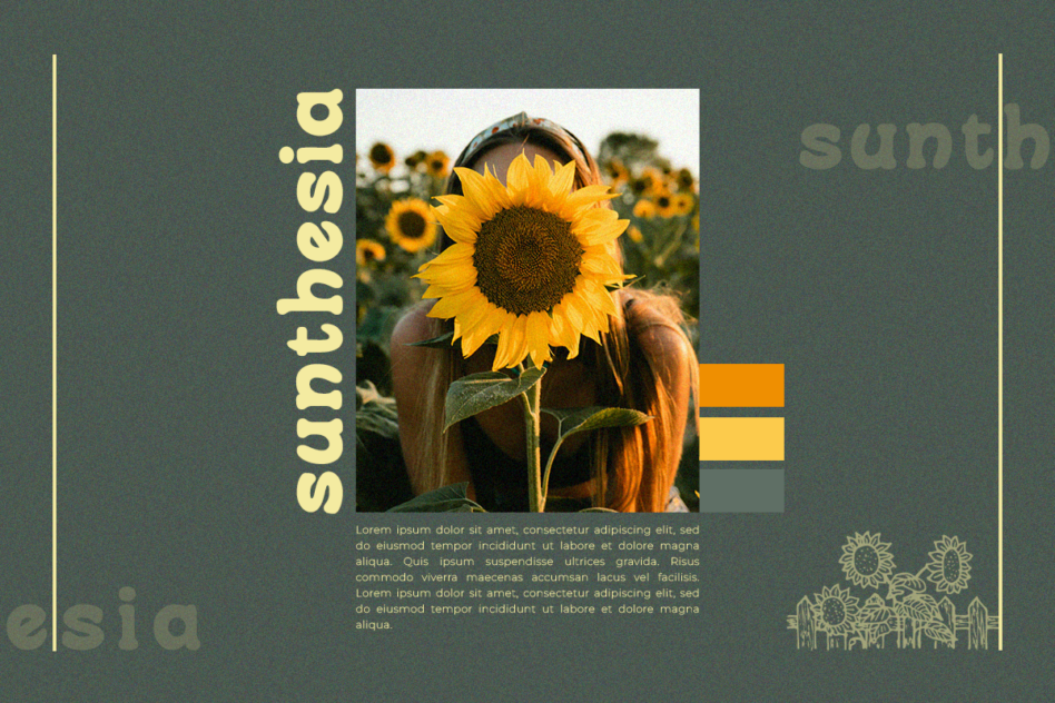 Synthesia moodboard with sunflower photo color palette yellow gray orange