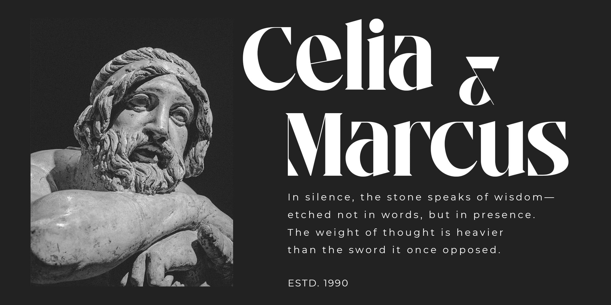 Celia Marcus classical marble bust sculpture with serif branding on dark background