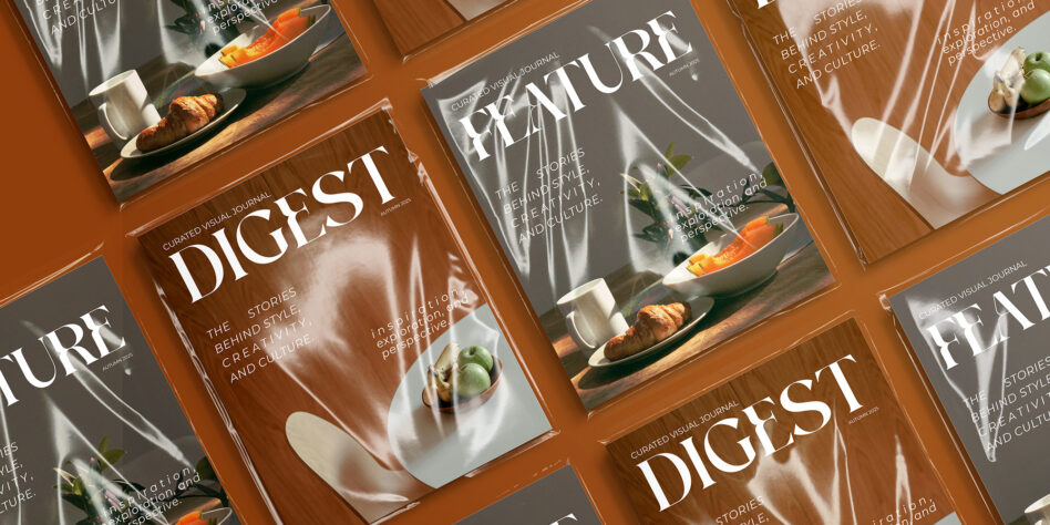 Magazine covers fanned on terracotta showing Digest plus Fixture journal issues