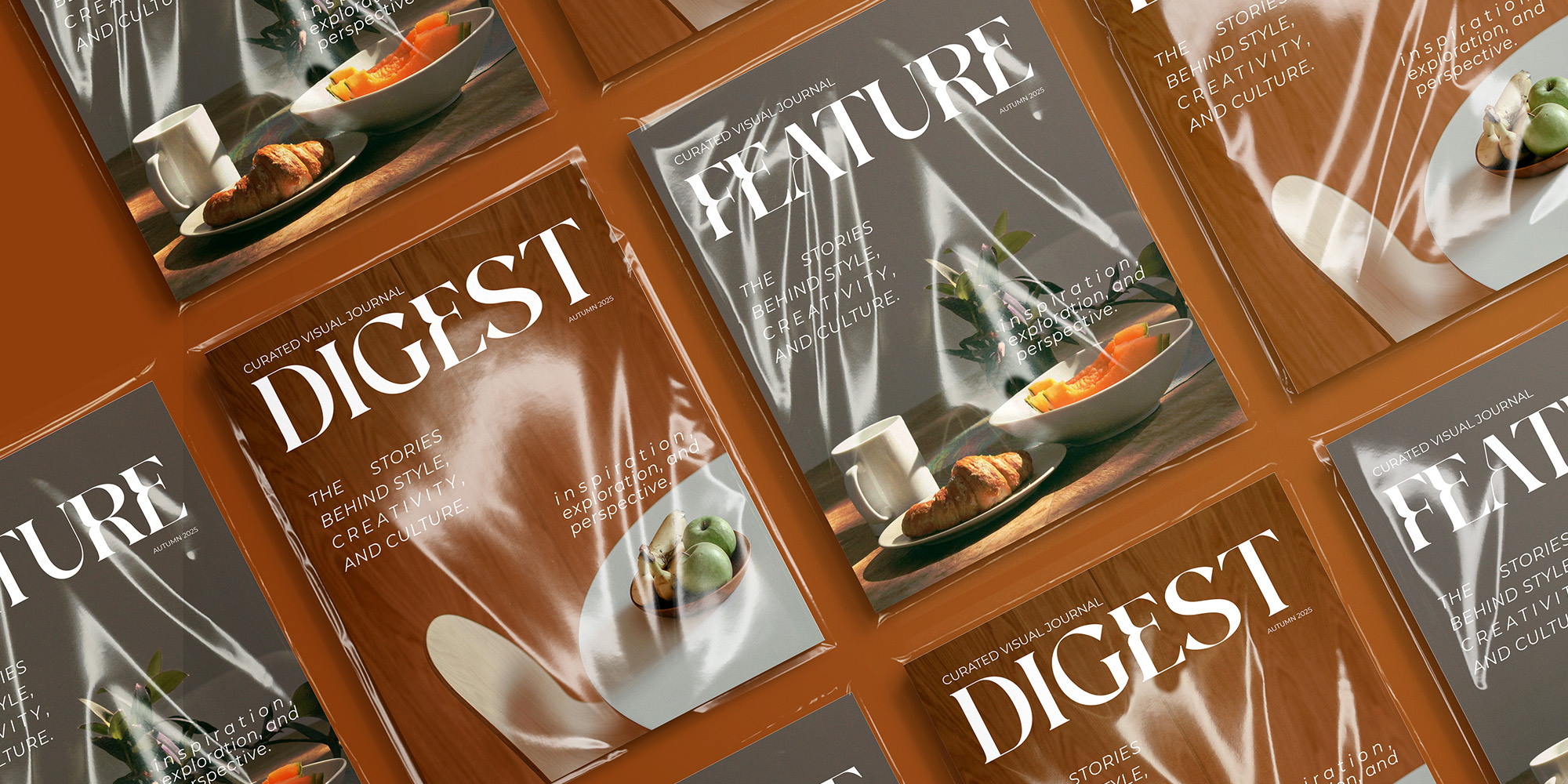 Magazine covers fanned on terracotta showing Digest plus Fixture journal issues