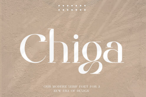 Chiga serif font specimen showing modern typeface on textured beige surface