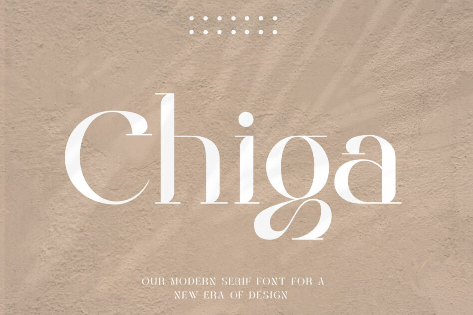 Chiga serif font specimen showing modern typeface on textured beige surface