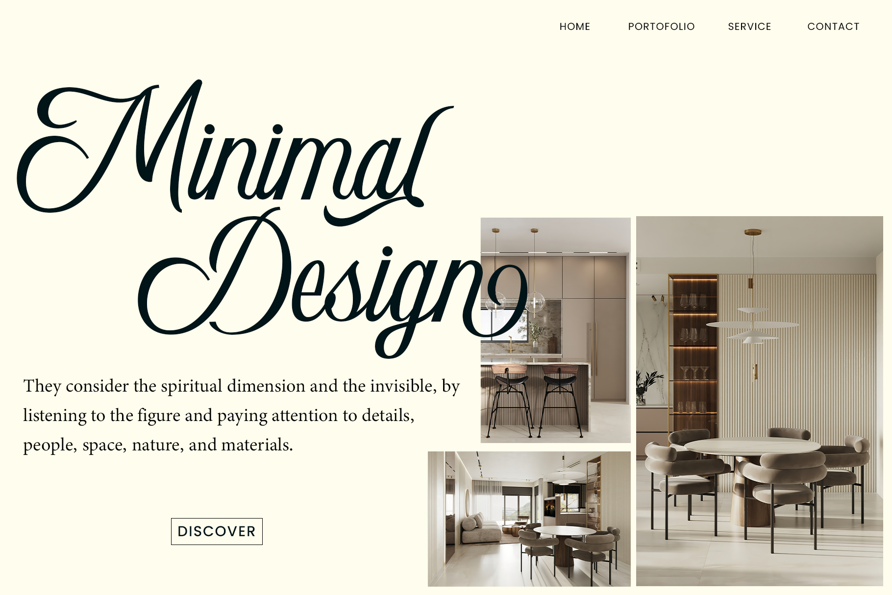 Minimal design portfolio webpage showing interior spaces with serif script heading