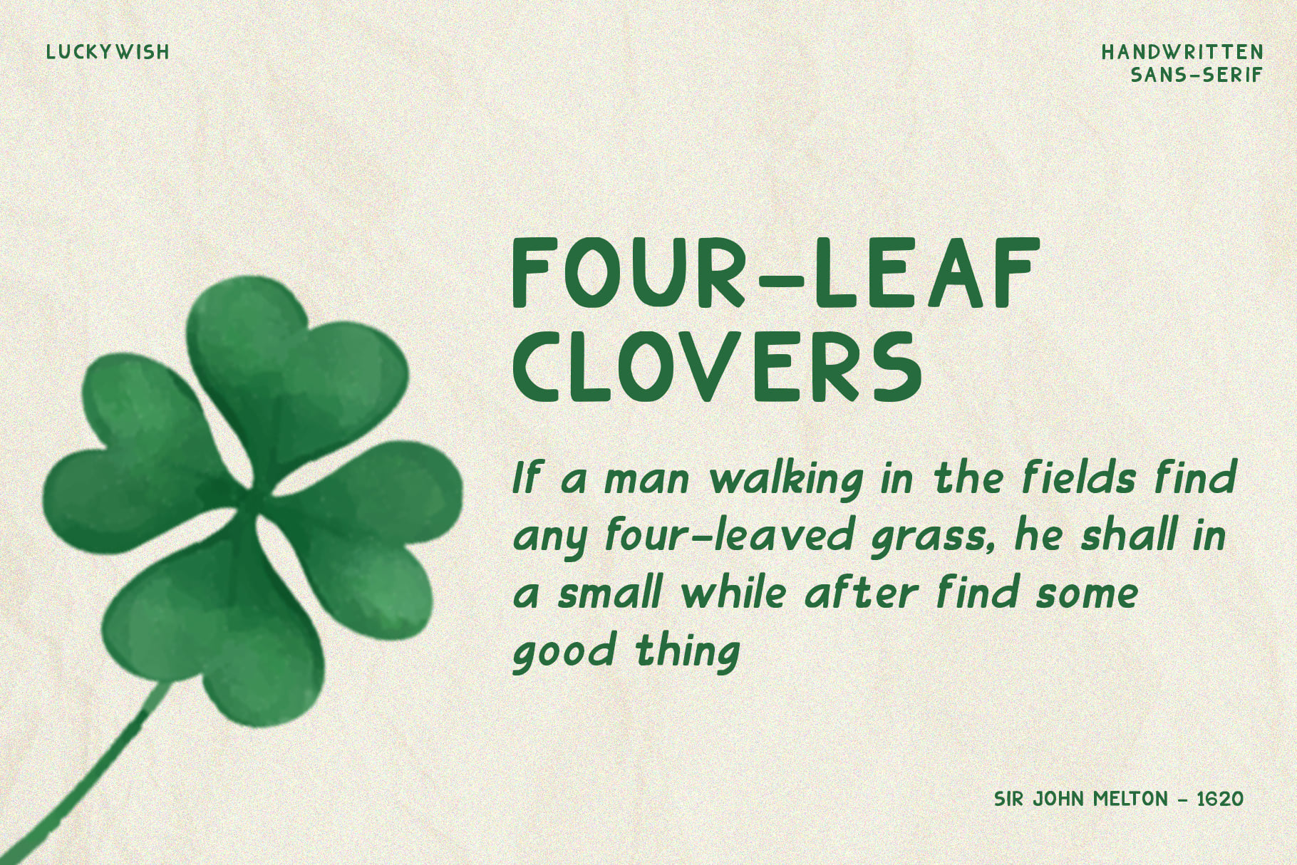 Four-leaf clover with vintage fortune text about good luck in fields