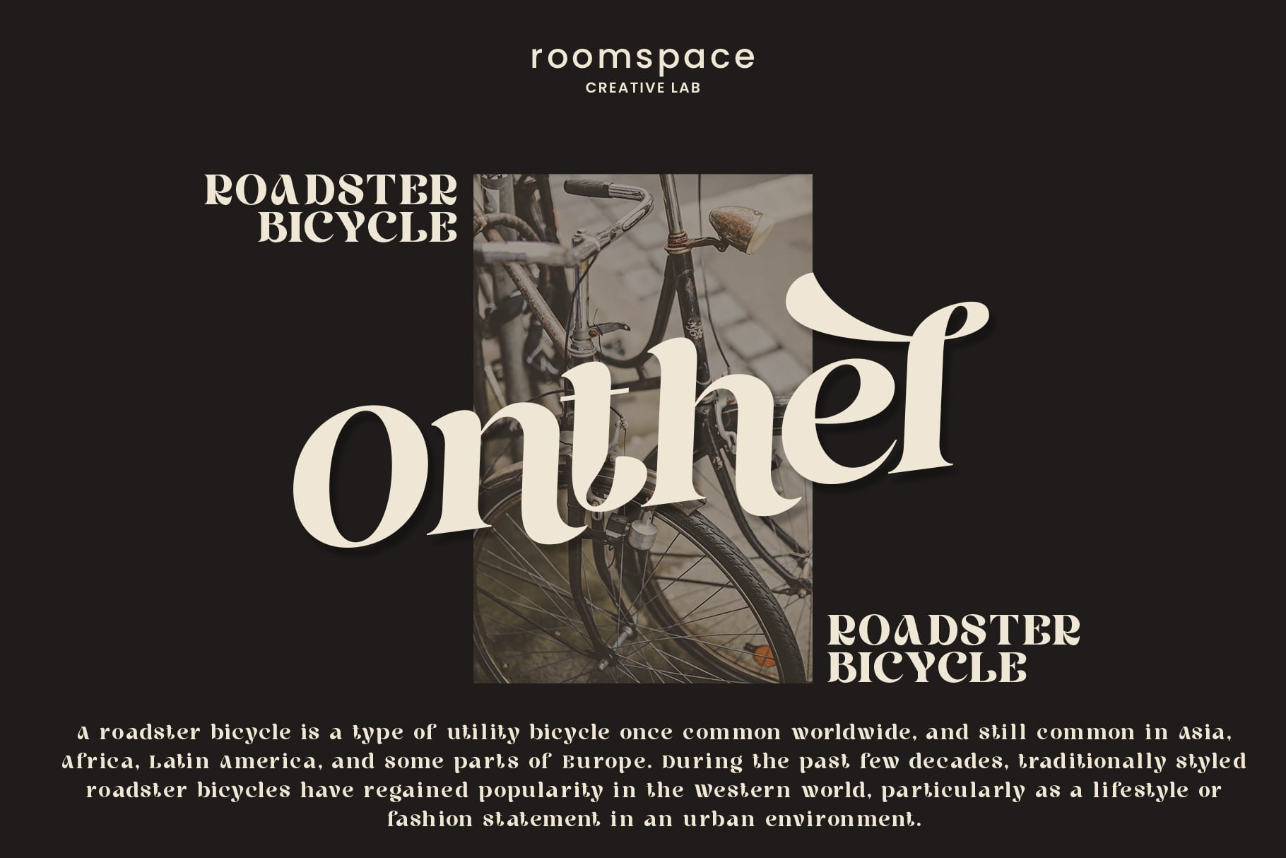 Roomspace Creative Lab layout featuring vintage roadster bicycle with serif typography
