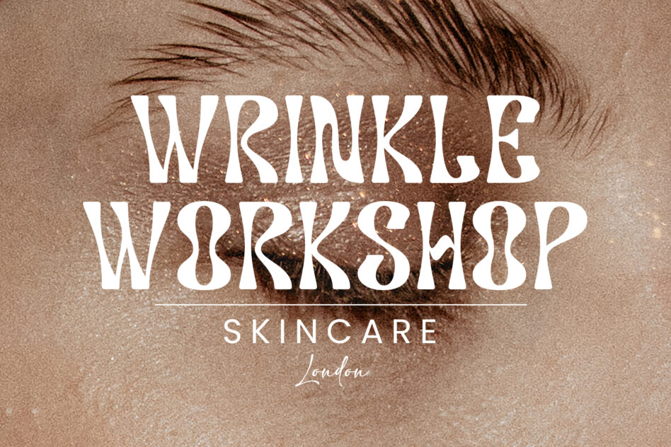Wrinklee Workshop skincare font over textured face close up