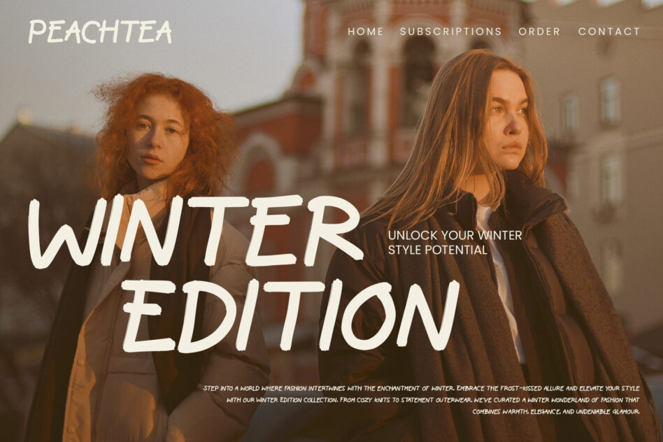 Two women in winter coats with navigation menu, winter edition campaign layout