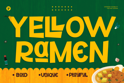 Yellow Ramen bold typeface on green textured background with bowl illustration