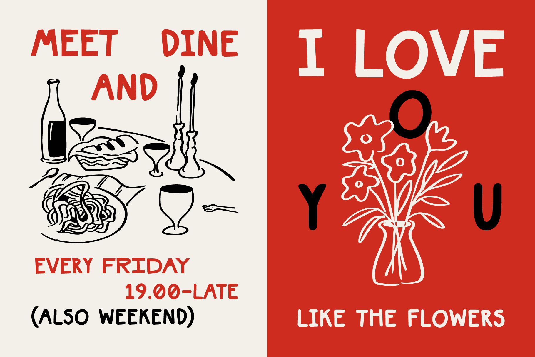 Split design with dinner scene left side, floral vase with text right side on red
