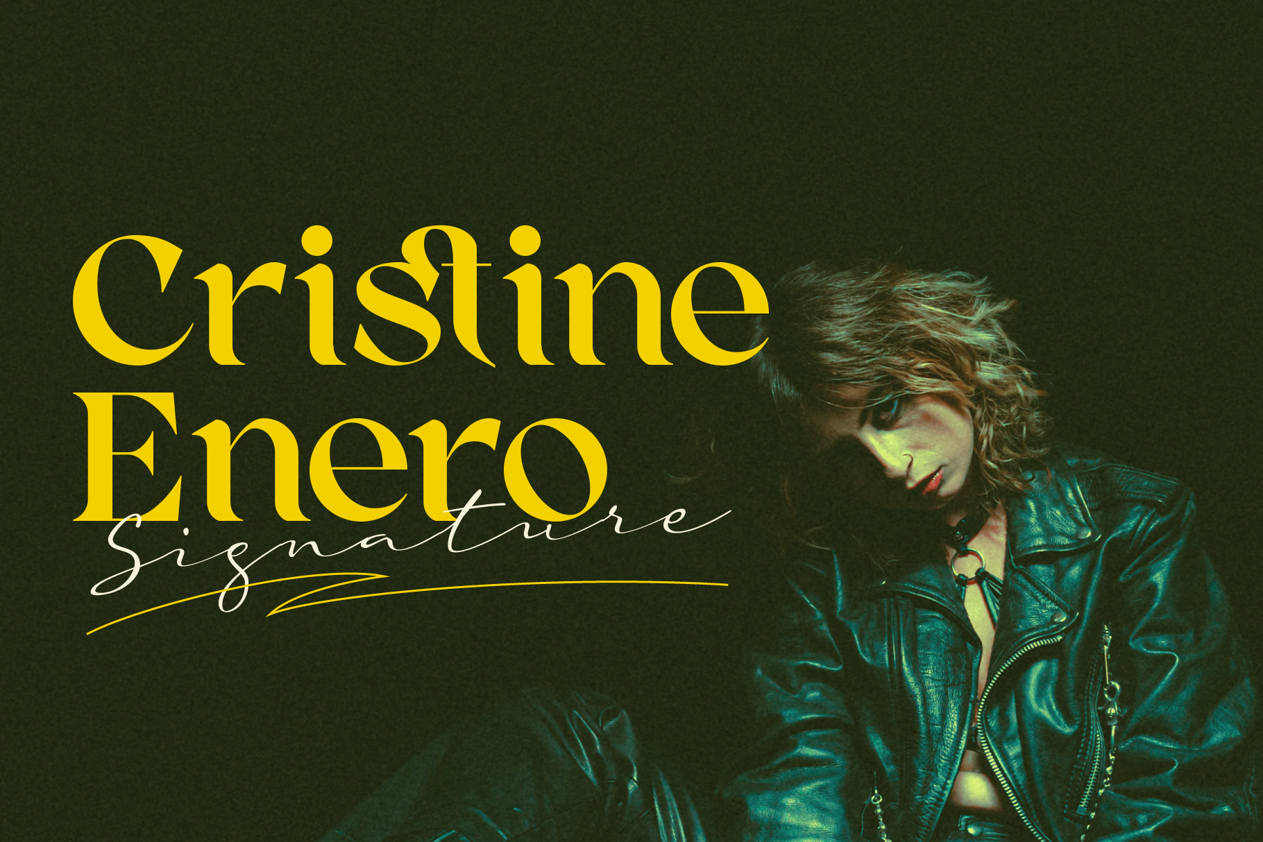 Portrait of person in teal leather jacket with Cristine Enero Signature text overlay