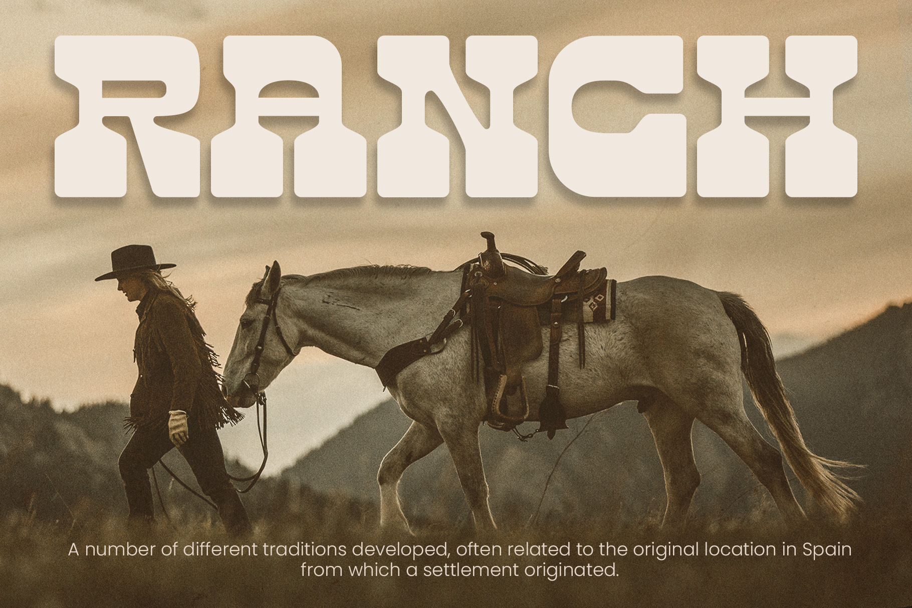 Cowboy walking with saddled horse across desert landscape with Ranch text overlay