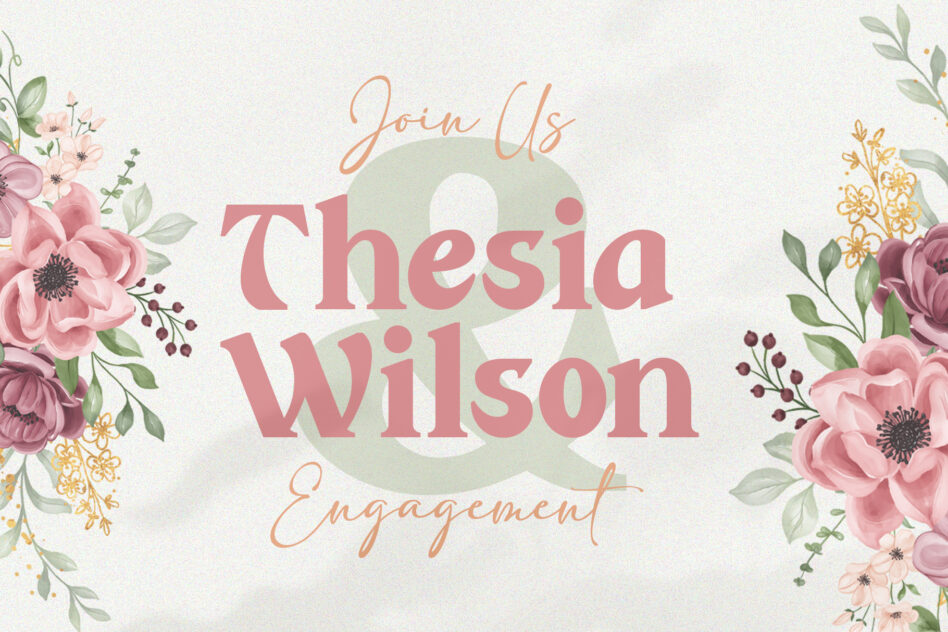 Engagement announcement design with pink florals, script lettering on soft background