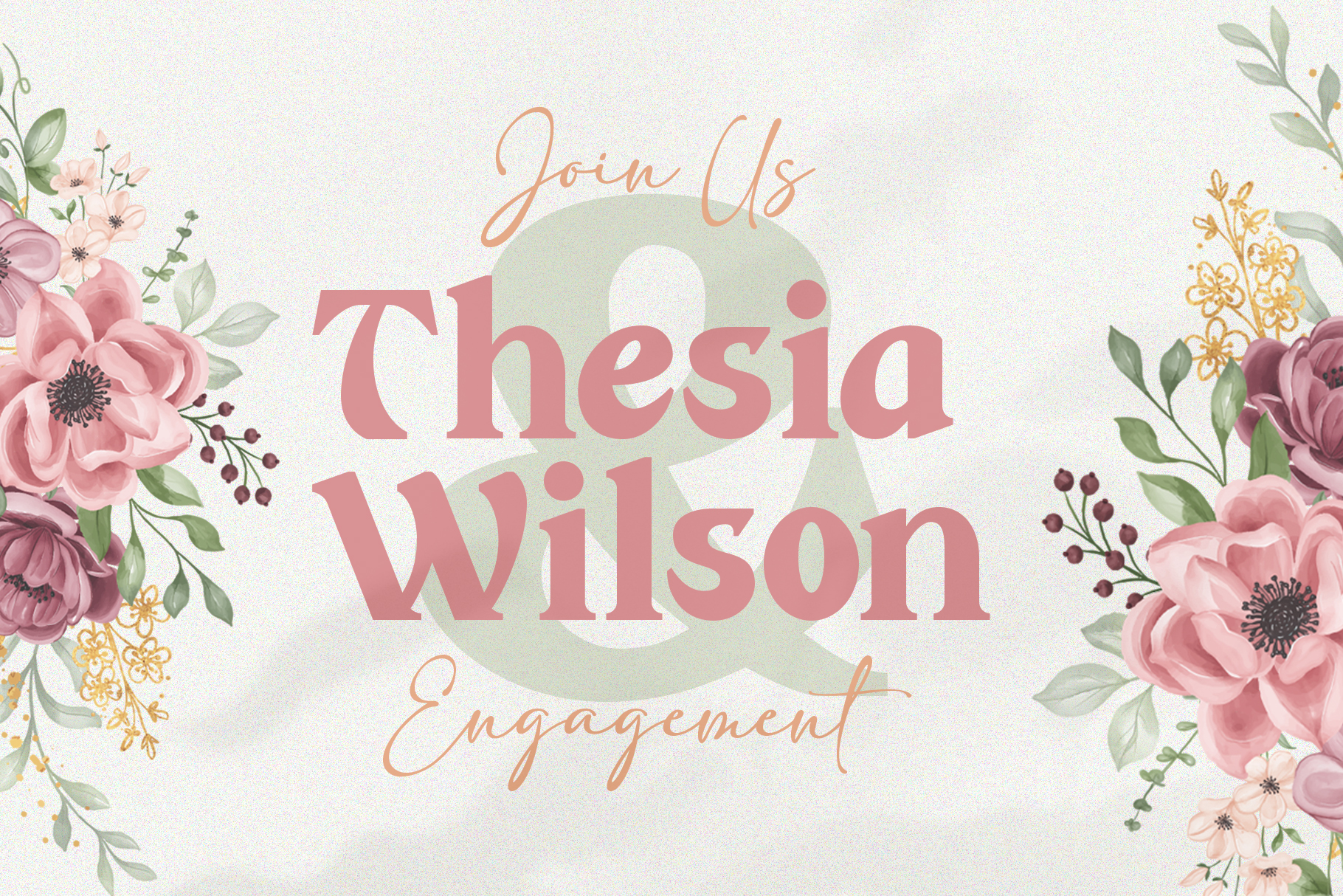 Engagement announcement design with pink florals, script lettering on soft background