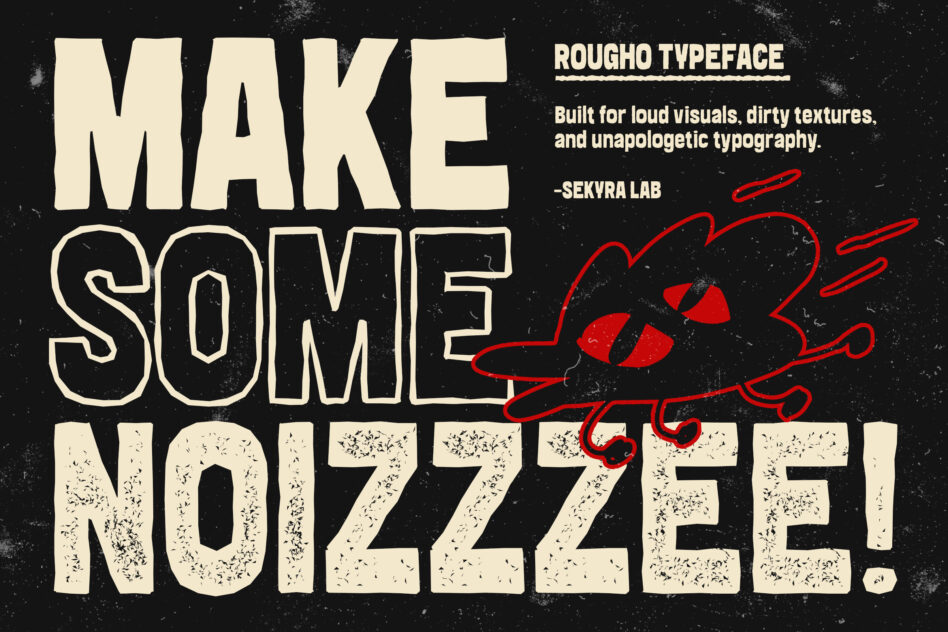 Rougho typeface preview with distressed texture, cream letters on black