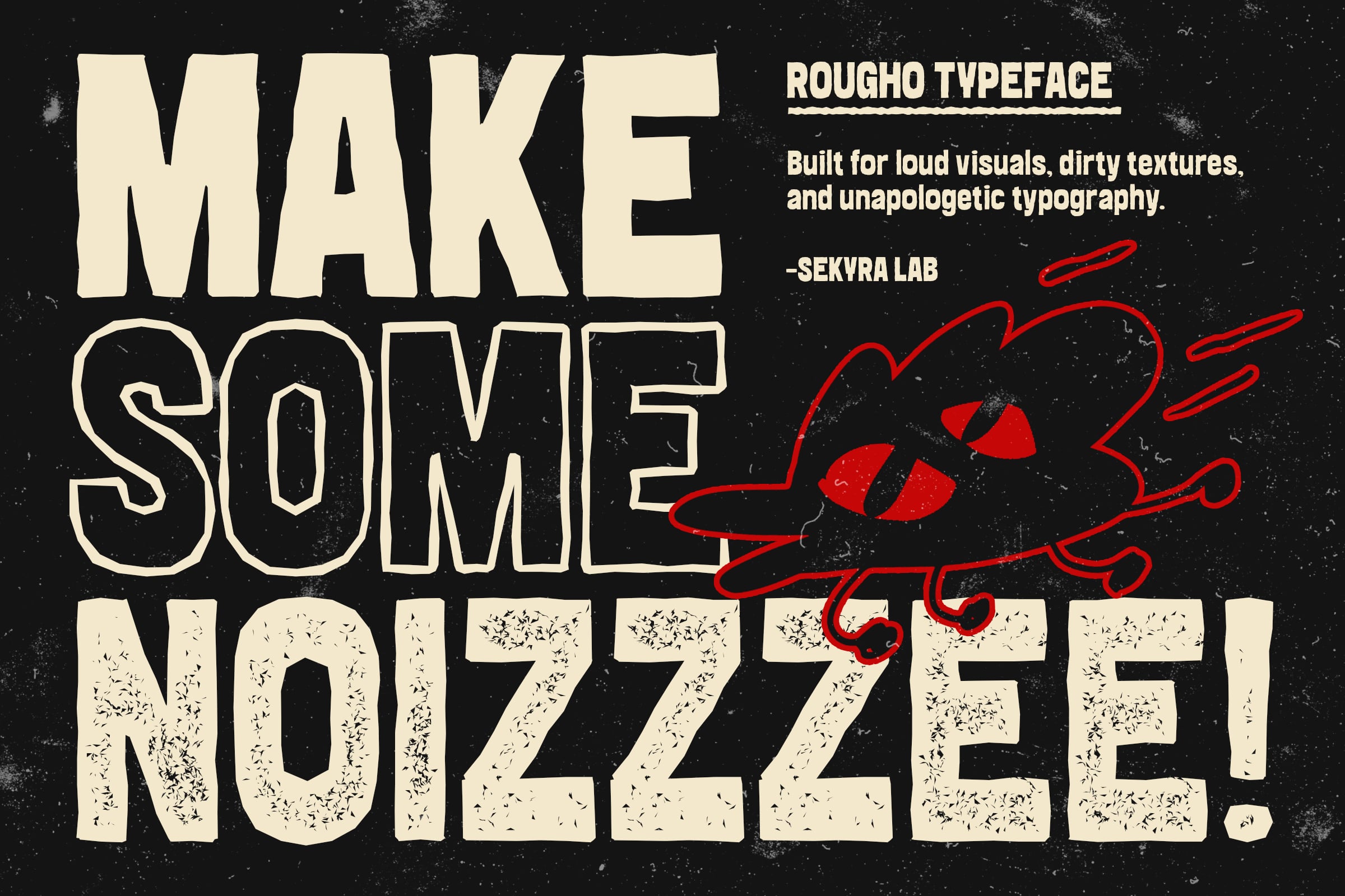 Rougho typeface preview with distressed texture, cream letters on black