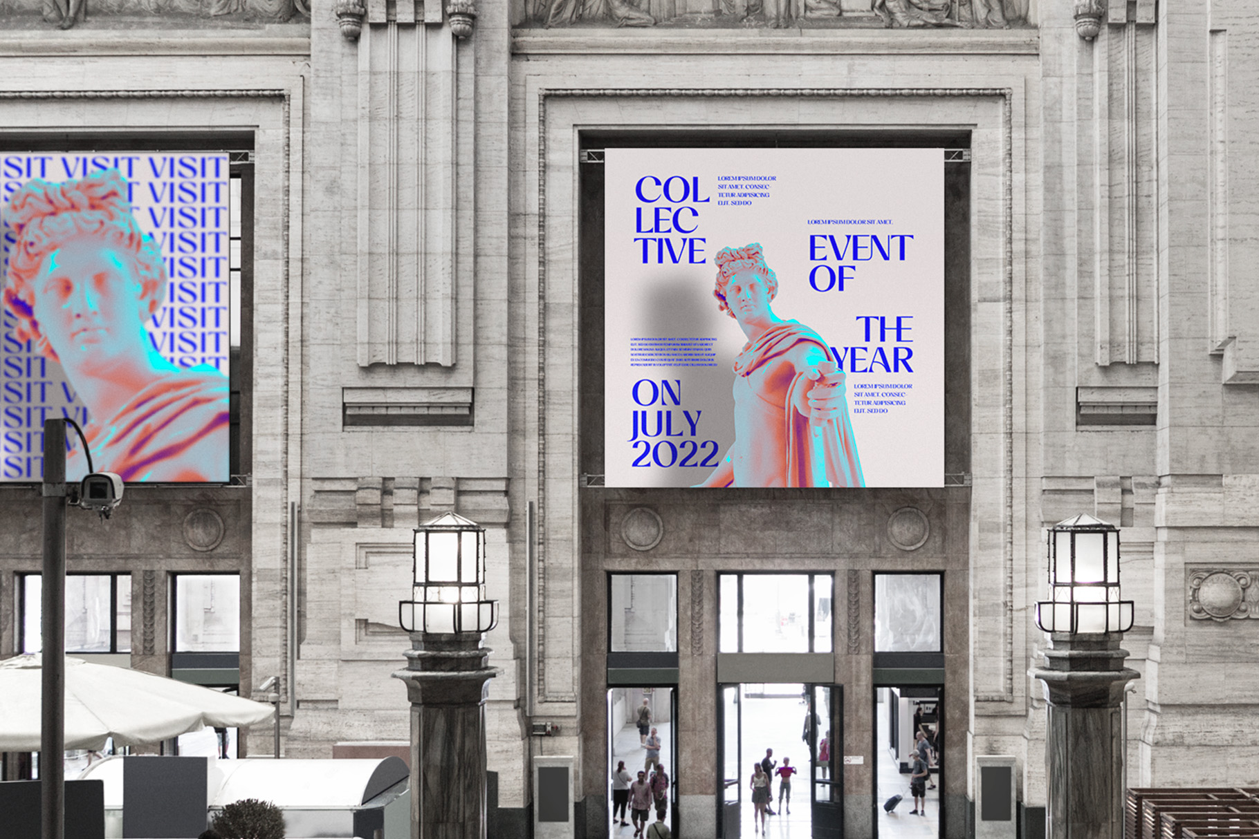 Bold blue typography with glitchy statue imagery on museum building facade mockup