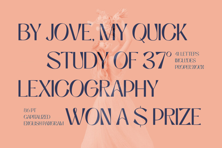 Serif typeface specimen with navy letters on peachy background, showing lexicography quote with watercolor flourish overlay