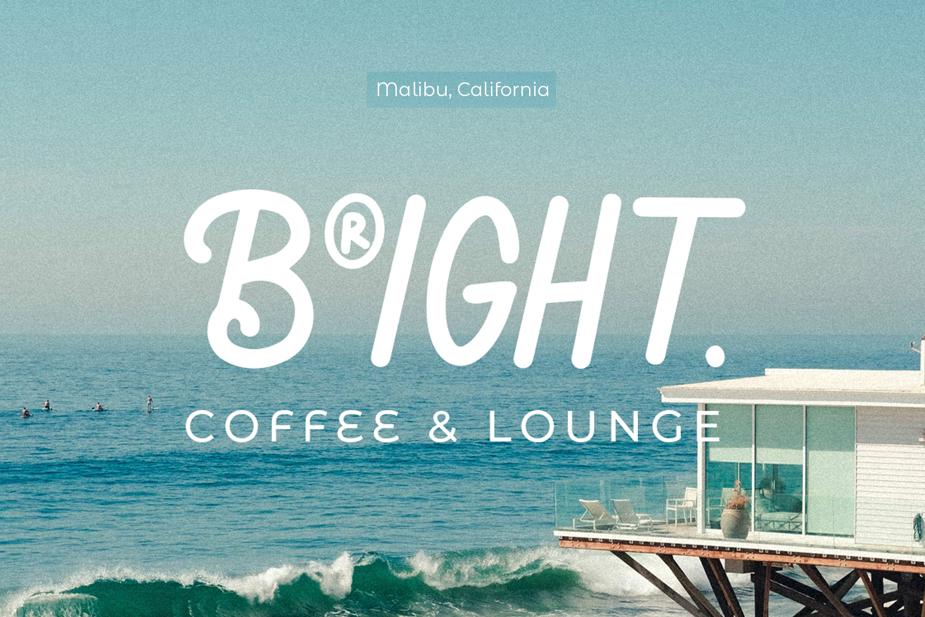 Bright beachfront cafe mockup with retro typography overlaid on Malibu coastal scene