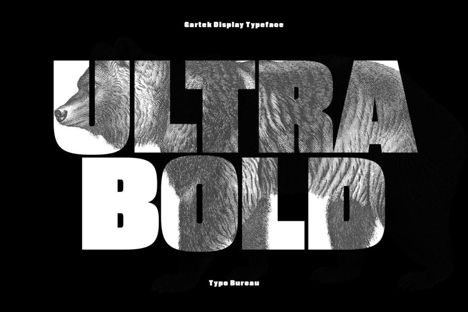 Gartek Display Typeface showing bold letters filled with engraved animal textures on black background