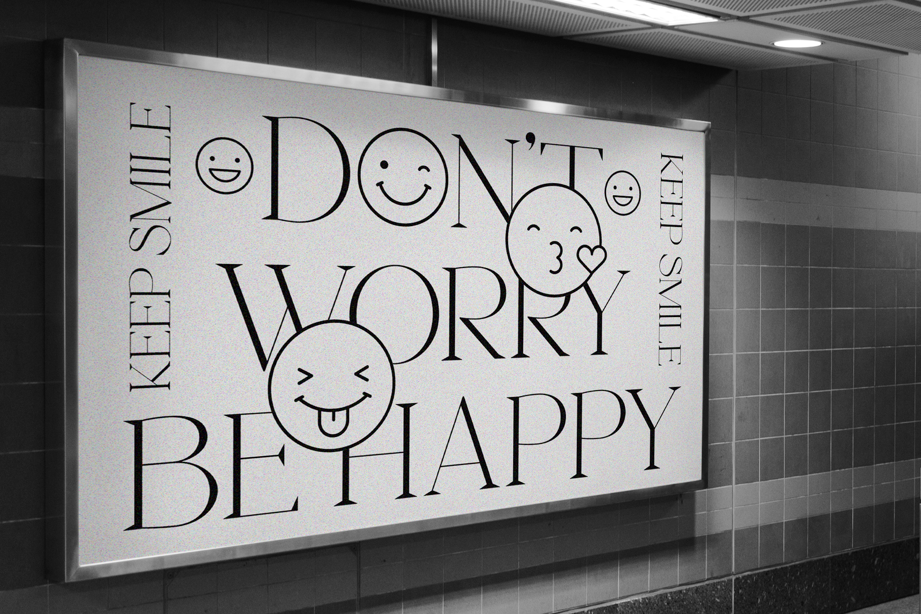 Lightbox mockup displaying playful text with smiley face emoticons in serif font