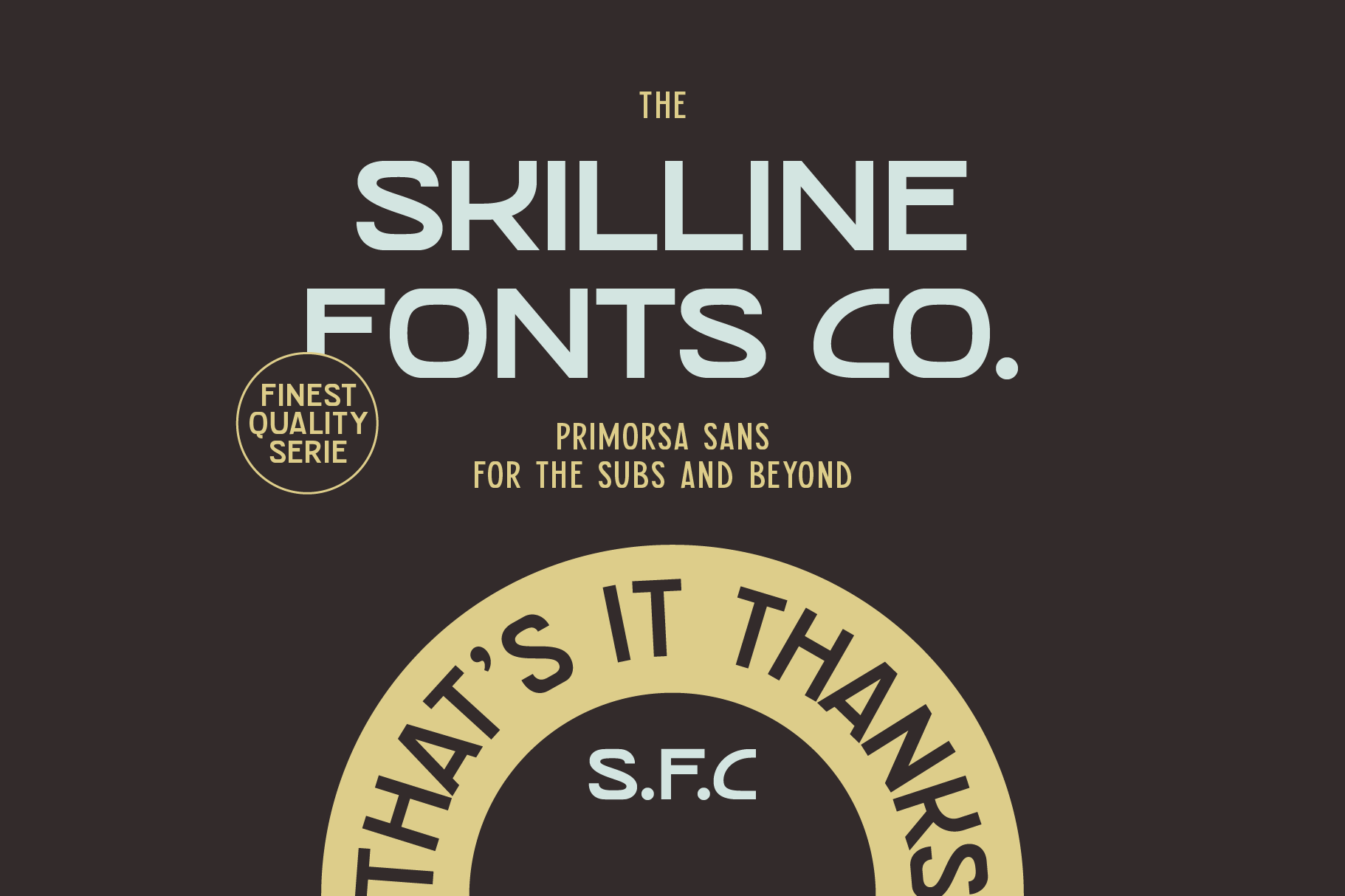 Retro font packaging mockup with pale mint text, gold seal badge on dark brown